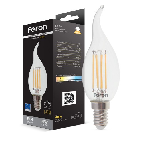 Світлодіодна лампа Feron Filament LB-69 4Вт E14 2700K свічка на вітрі