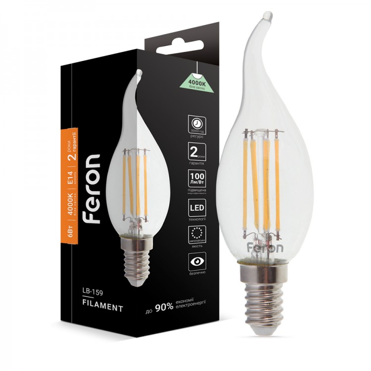 Світлодіодна лампа Feron Filament LB-159 6Вт E14 4000K свічка на вітрі