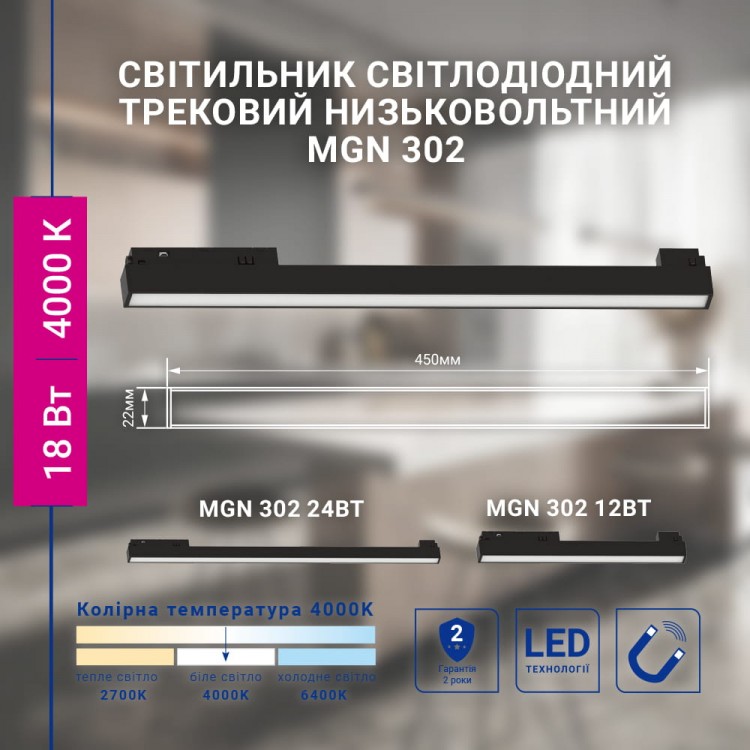 Светодиодный магнитный трековый светильник Feron MGN302 18Вт 4000K черный