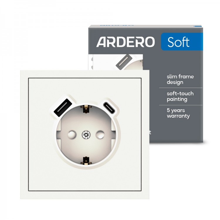 Розетка з додатковими виходами USB/Type-C Ardero ER123USB-W Soft 18W/20W із заземленням біла