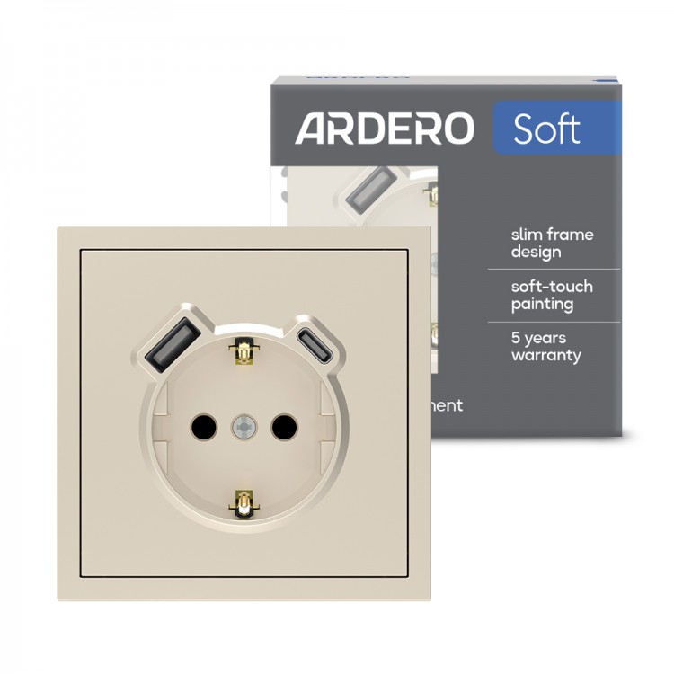 Розетка з додатковими виходами USB/Type-C Ardero ER123USB-C Soft 18W/20W із заземленням шампань